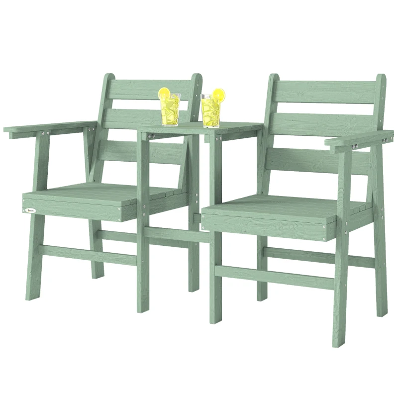 Outsunny Outdoor Garden Loveseat, Embossed Wooden Jack and Jill Garden Seat with Integrated Table, Green