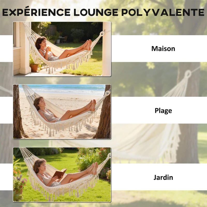 Outsunny Hamac Exterieur Bohème, Hamac de jardin Suspendu avec Frange et Sac de Transport extra large 288 x 150 cm, Beige