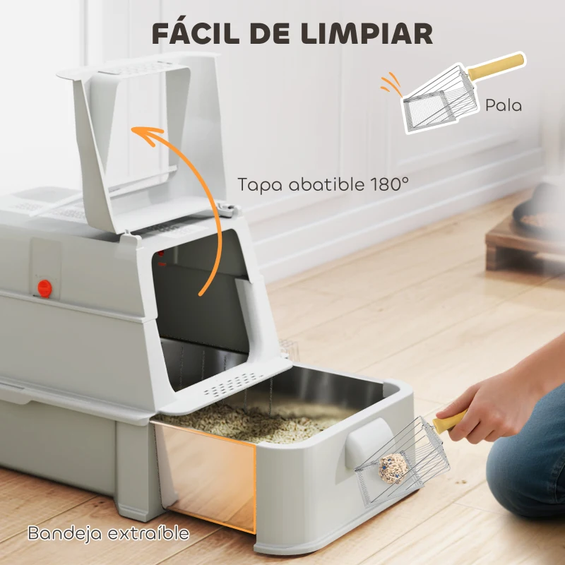 PawHut Arenero para Gatos de Acero Inoxidable XL con Tapa Abatible 180° Laterales Altos Pedal Pala Gris Claro