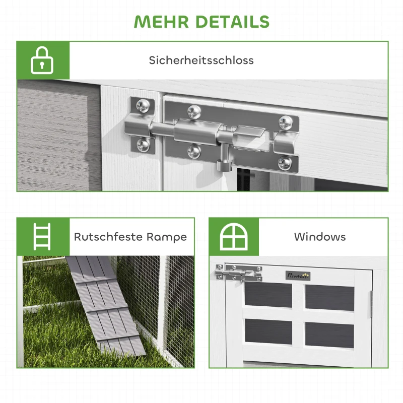 PawHut Kippenhok L-vormig van hout met 2 huisjes, 2 niveaus, ren, loopplank, 251 x 192 x 103 cm Grijs