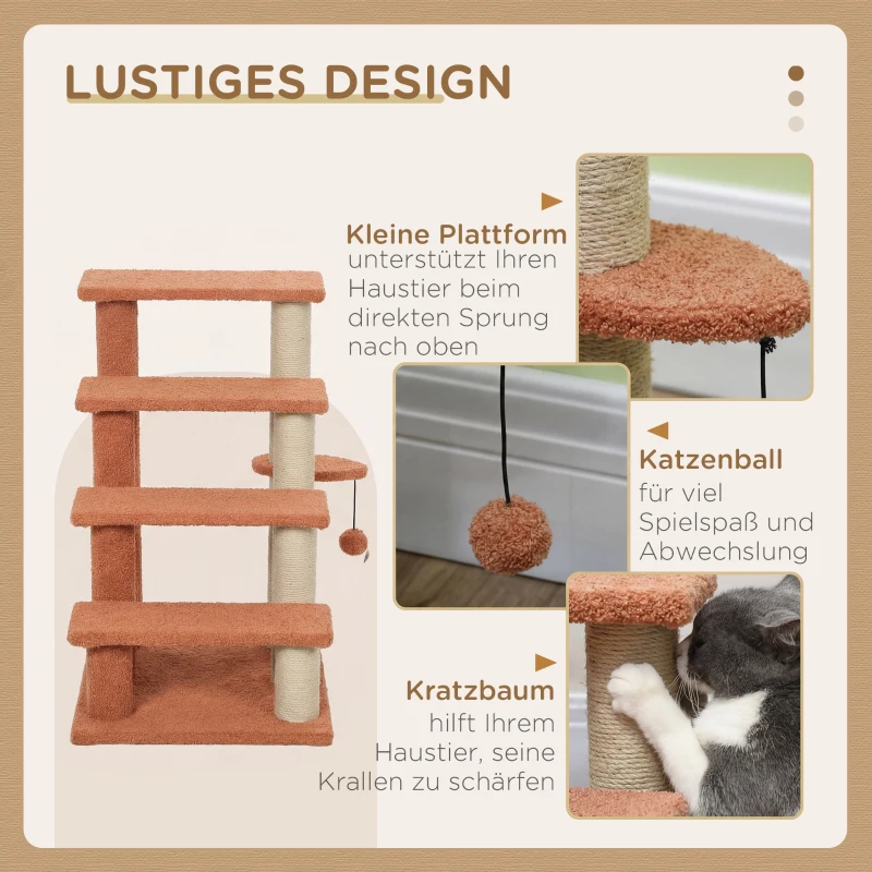 PawHut Haustiertreppe, Kratzbaum, 4-stufig, für Tiere bis 5 kg, 60x40x64cm, Braun