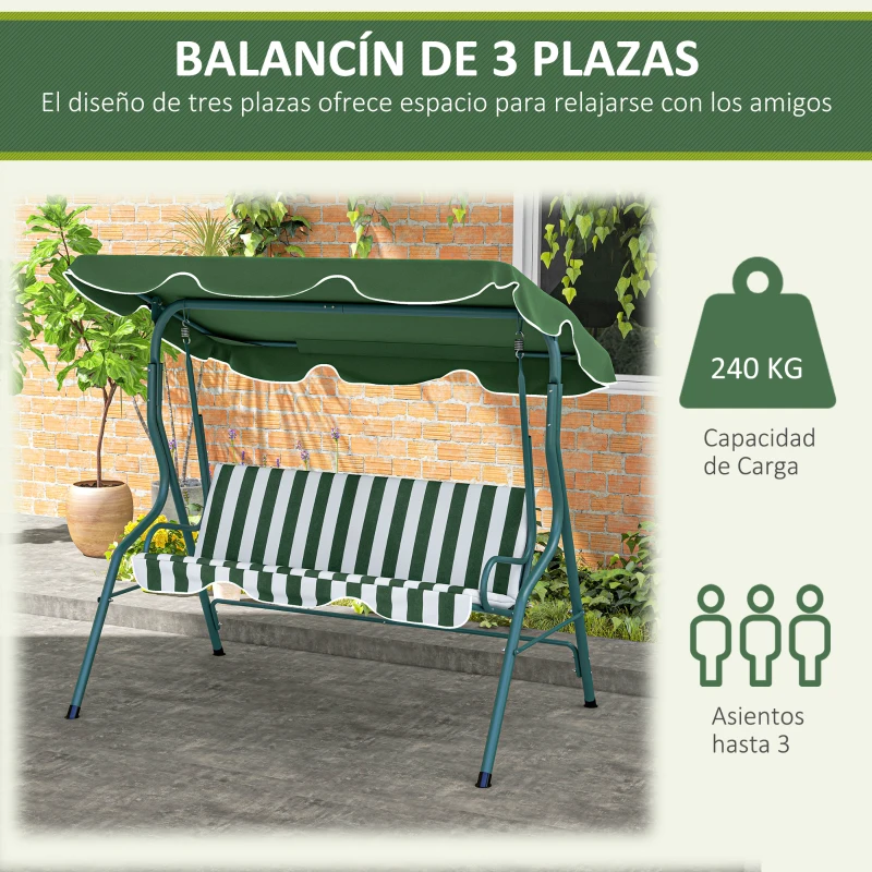 Outsunny Balancín de Exterior con Toldo Ajustable en Ángulo Impermeable y Marco de Acero para Patio Balcón 170x110x153 cm Verde