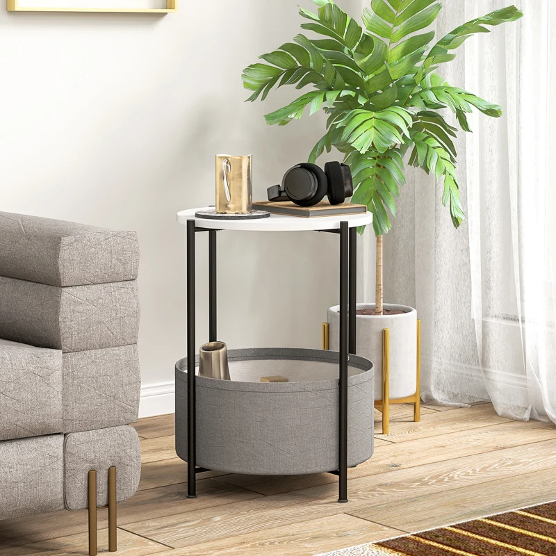 HOMCOM Runder Beistelltisch mit Stoffkorb, 2-stufiger Kaffeetisch für Wohnzimmer, Schlafzimmer, kleine Räume, Metall, Grau+Weiß