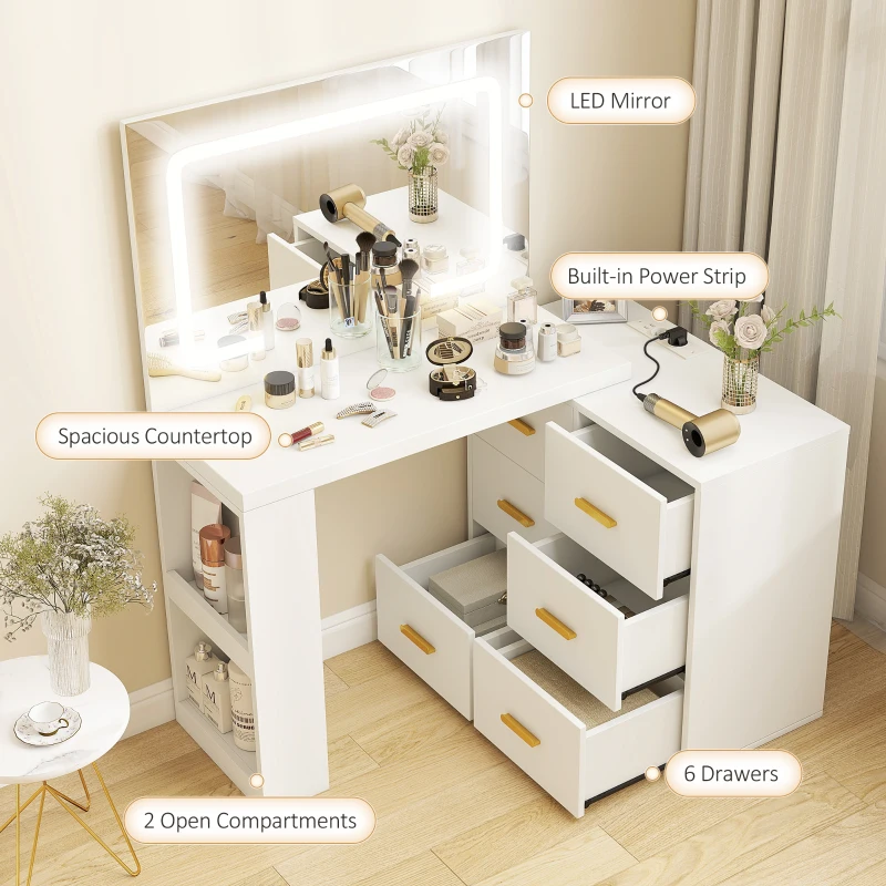 HOMCOM Toaletă pentru Cameră cu Oglindă și Lumini LED Reglabile, 6 Sertare, 2 Rafturi și Prize Electrice, Alb