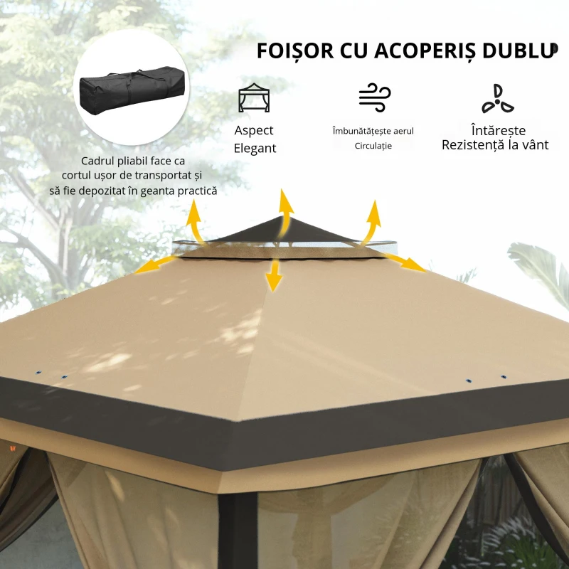 Outsunny Foișor Pliabil cu Plasă de Tânțari, Baldachin Dublu, Înălțime Reglabilă și Geantă de Transport, 330x330x288 cm, Bej(m-6)
