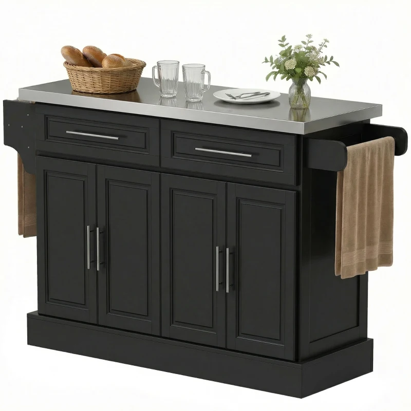 HOMCOM Isla de Cocina con Ruedas Tablero de Acero Inoxidable Cajones Estantes Ajustables Especiero Toallero 145x45x93 cm Negro