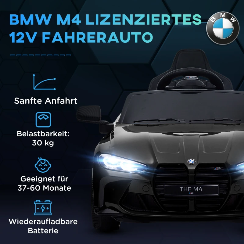 AIYAPLAY Elektro Kinderauto BMW M4, Sound & Licht, 3-5 km/h, inkl. Fernsteuerung, für 3-5 Jahre, Schwarz