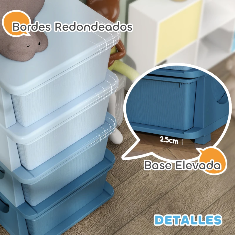 HOMCOM Torre de Almacenamiento Infantil con 4 Cajones para Niños de +3 Años con Bordes Redondeados y Asas 37x37x76 cm Azul