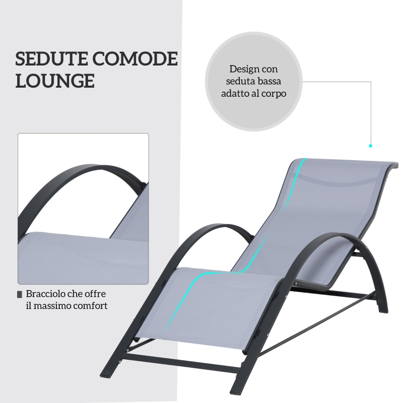 Outsunny Set di 2 Lettini Prendisole e Tavolino con Piano in Vetro, 59x169x66 cm, Grigio Chiaro