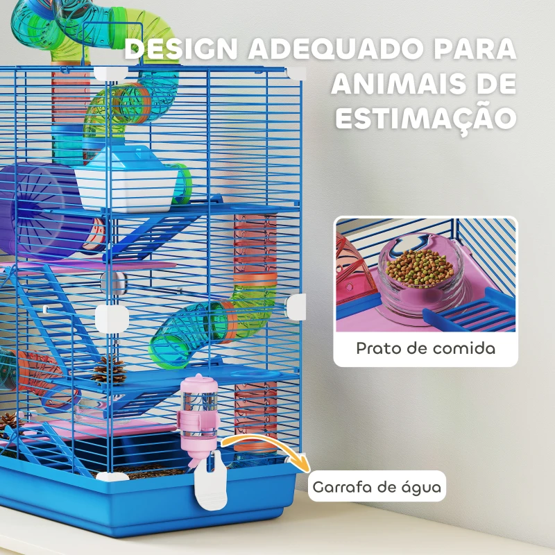 PawHut Gaiola para Hamsters com Túnel Comedouro Bebedouro Casa Rampas e Roda de Exercício 46x30x58 cm Azul