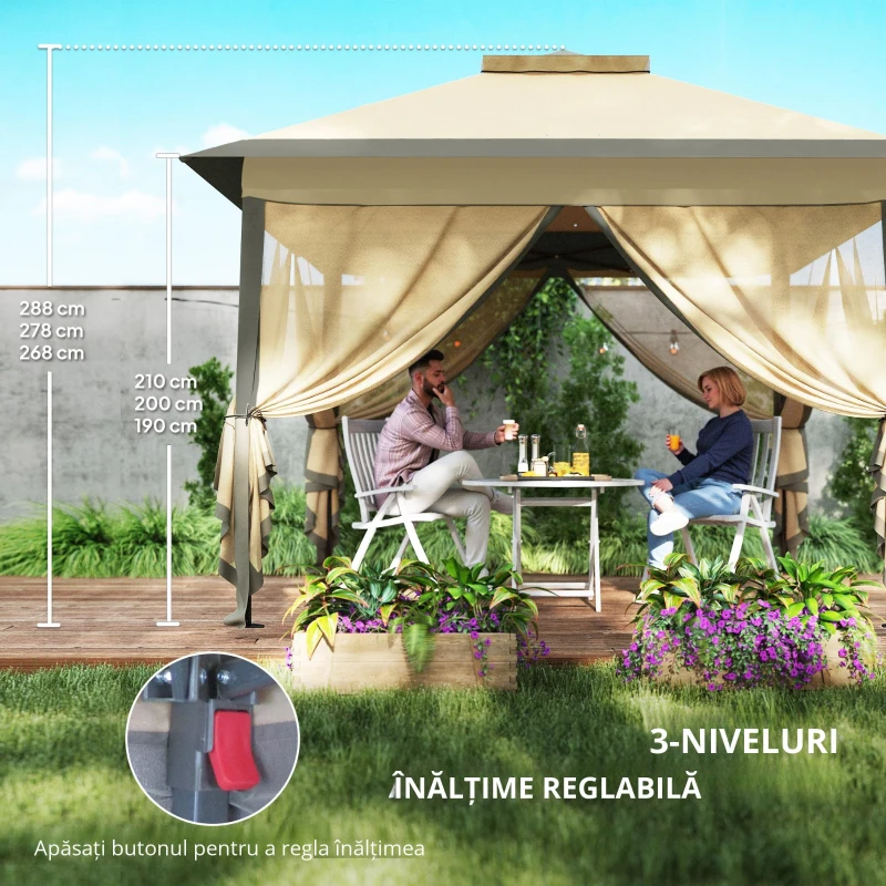 Outsunny Foișor Pliabil cu Plasă de Tânțari, Baldachin Dublu, Înălțime Reglabilă și Geantă de Transport, 330x330x288 cm, Bej(m-7)