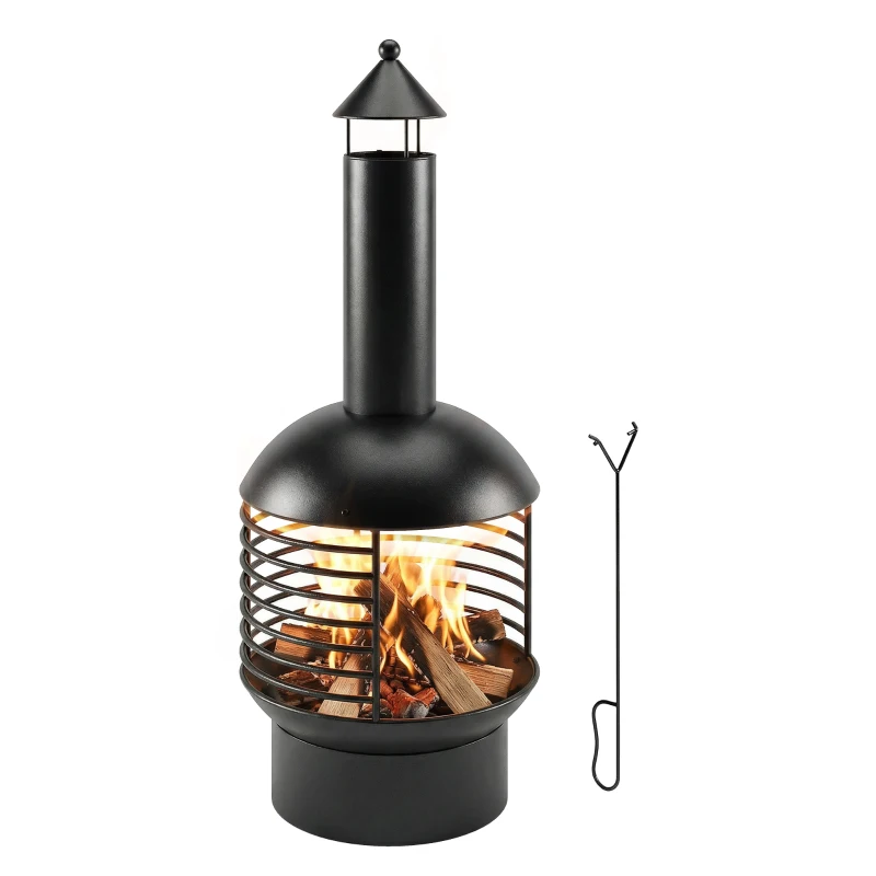 Outsunny Chimney Fire Pit, Portable Wood Burning Firepit with Poker, Charcoal Grid, Outdoor Fireplace for Garden Patio, Black