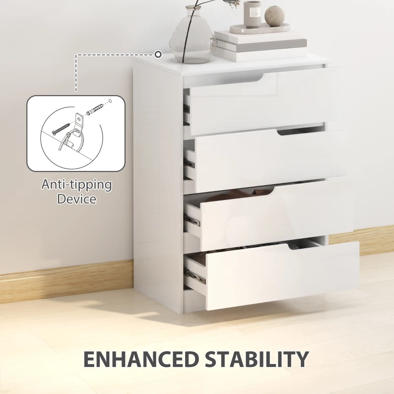 Komoda z 4 szufladami, wysoki połysk, do salonu, biała