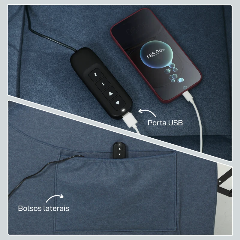 HOMCOM Poltrona Reclinável até 150° Elétrica Silenciosa c/ Função Memória Porta USB para Sala de Estar Azul