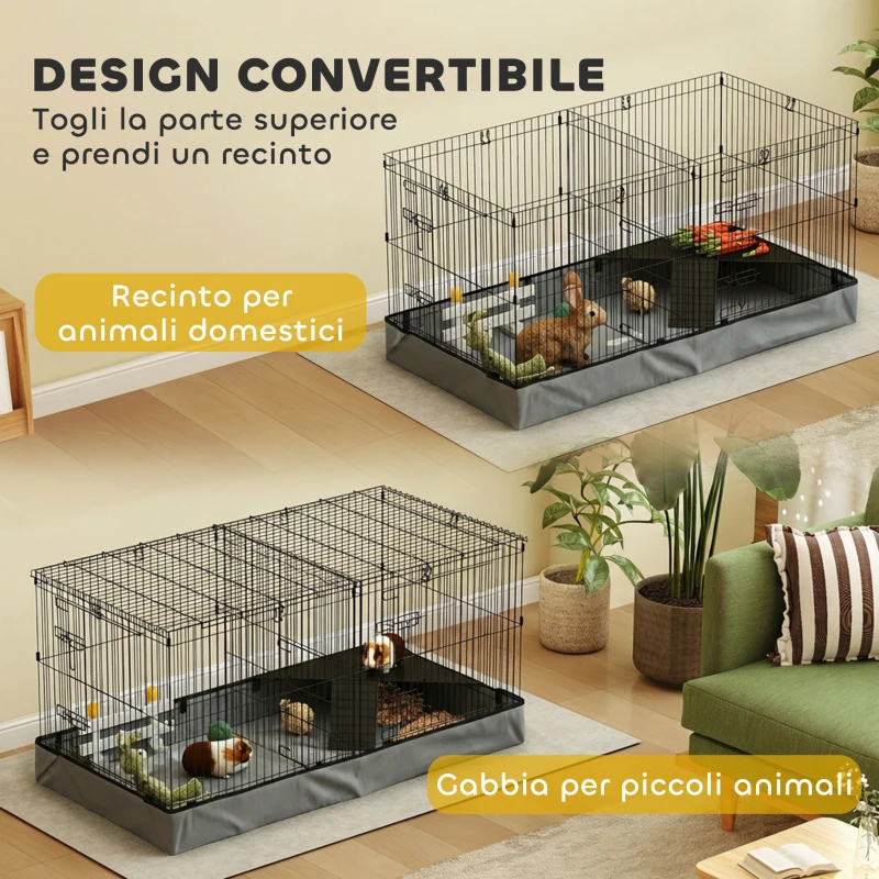 PawHut Gabbia per Animali Piccoli 2 in 1, Coperchio Rimovibile e Sezioni Separate, 121x61x61 cm, Nero