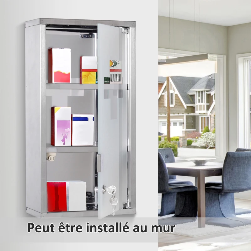 HOMCOM Armoire à Pharmacie 2 étagères 3 Niveaux verrouillable Porte Verre trempé dépoli Logo Croix 25L x 12l x 48H cm Acier INOX
