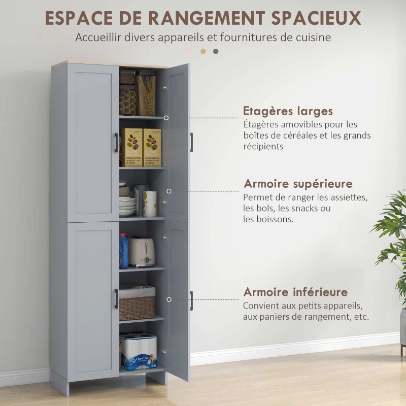 HOMCOM Armoire de cuisine hauteur 170 cm buffet haut avec 4 portes et étagères ajustable, design moderne, gris