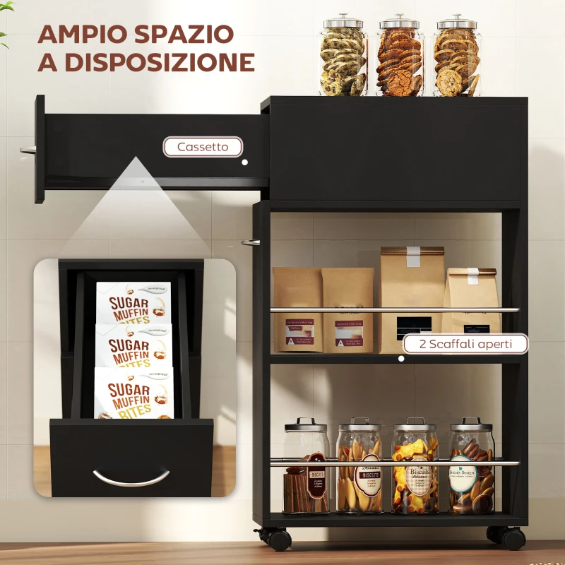 HOMCOM Carrello da Cucina con 2 Ripiani Aperti, Cassetto e Parapetti, Legno e Acciaio Inox, 25x50x85 cm, Nero