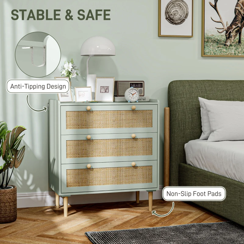 Komoda sypialniana 3 szuflady, rattanowe fronty, jasnoniebieska