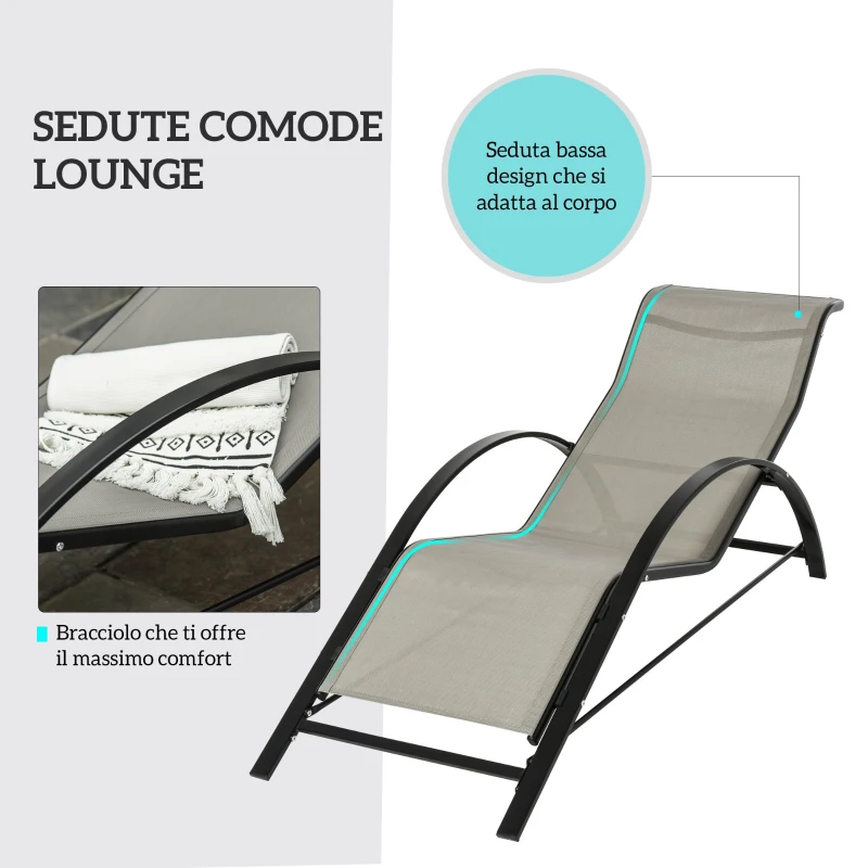 Outsunny Set di 2 Lettini Prendisole e Tavolino con Piano in Vetro, 59x169x66 cm, Grigio