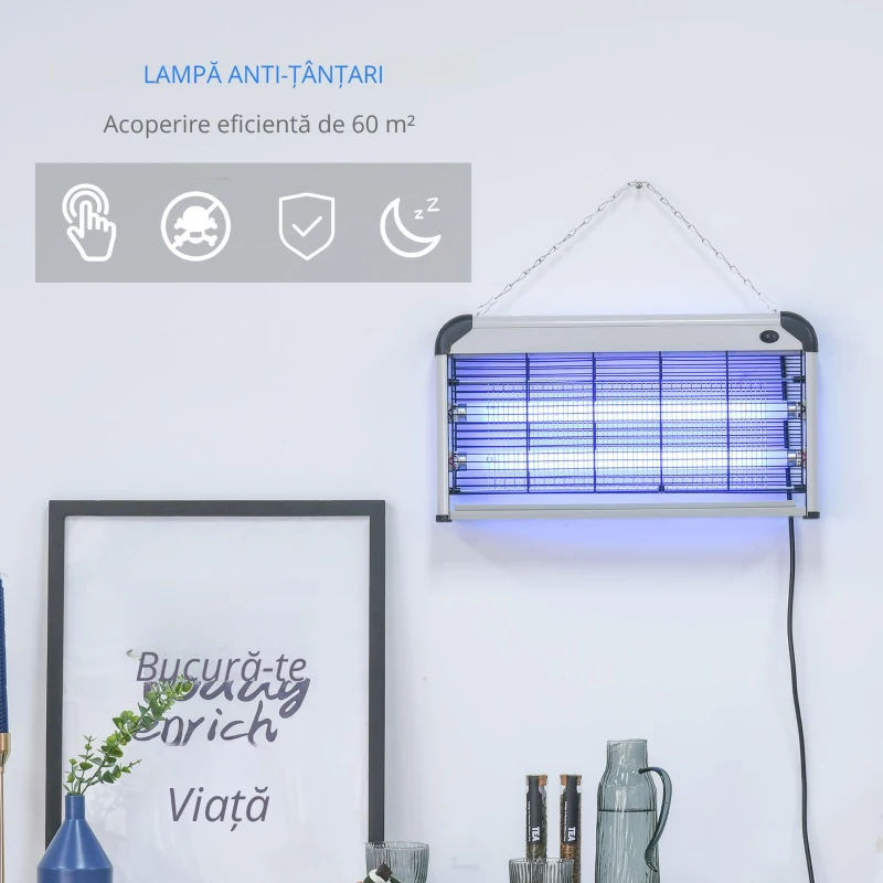 Outsunny Lampa pentru Insecte Electrica 30W pentru Exterior si Interior de 60m² Argintie, Neagră
