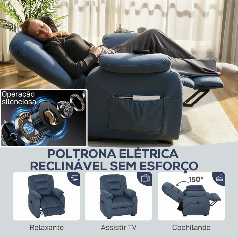 HOMCOM Poltrona Reclinável até 150° Elétrica Silenciosa c/ Função Memória Porta USB para Sala de Estar Azul