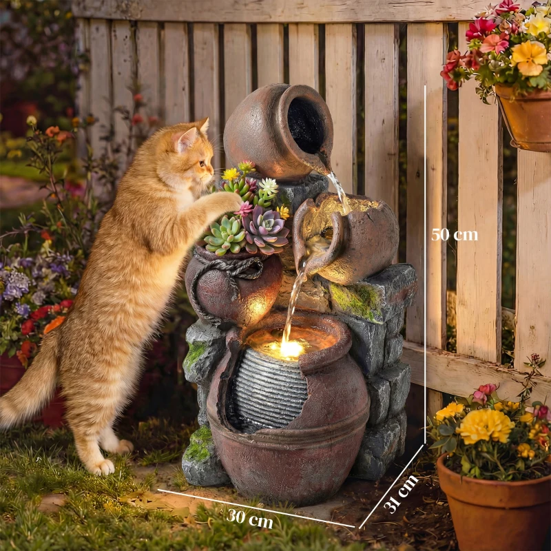 Outsunny Outdoor Fountain with 4-Tier Rustic Pots & Planter, Garden Fountain with LED Lights, Rustic Brown