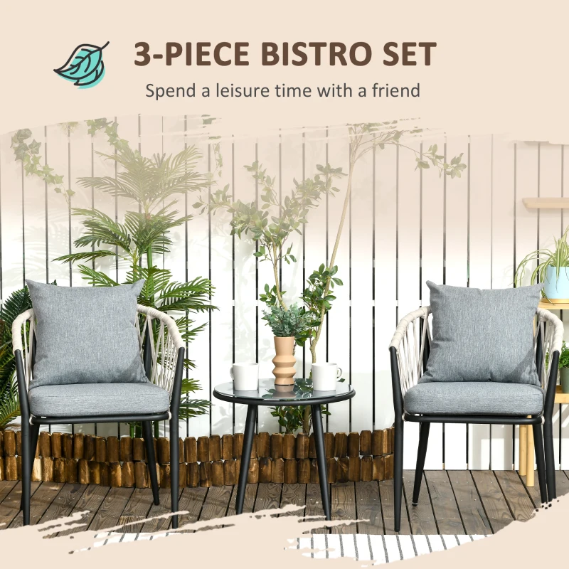 Outsunny Zestaw mebli ogrodowych dla 2 osób z 1 stołem, 2 krzesłami z poduszkami siedziskowymi, zestaw na balkon, stal, szary