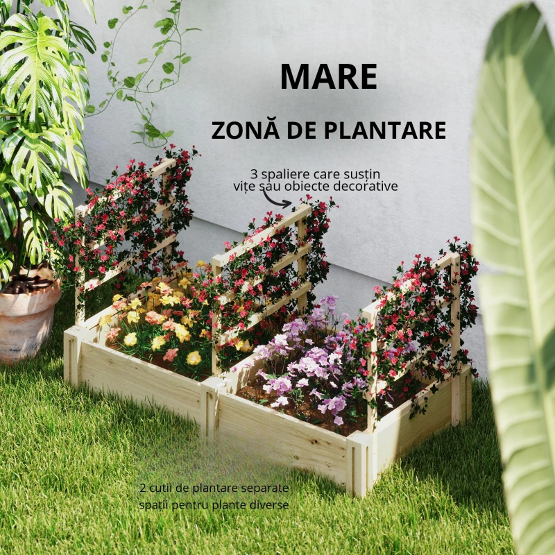 Outsunny Jardinieră Înălțată din Lemn cu 3 Suporturi pentru Plante, 119x62,5x64 cm, Natural