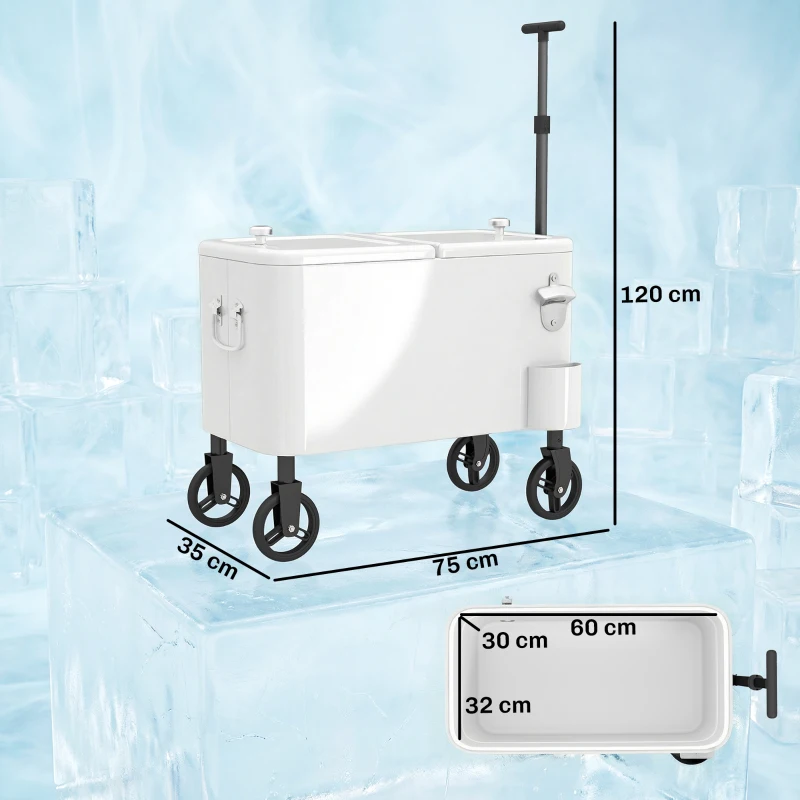 Outsunny Carrello frigo 56 L con ruote e apribottiglie, 75x35x120 cm, Bianco