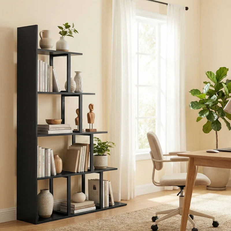 HOMCOM Estantería biblioteca separador de ambientes estilo industrial en escalera 5 baldas 102 x 30 x 160 cm color negro