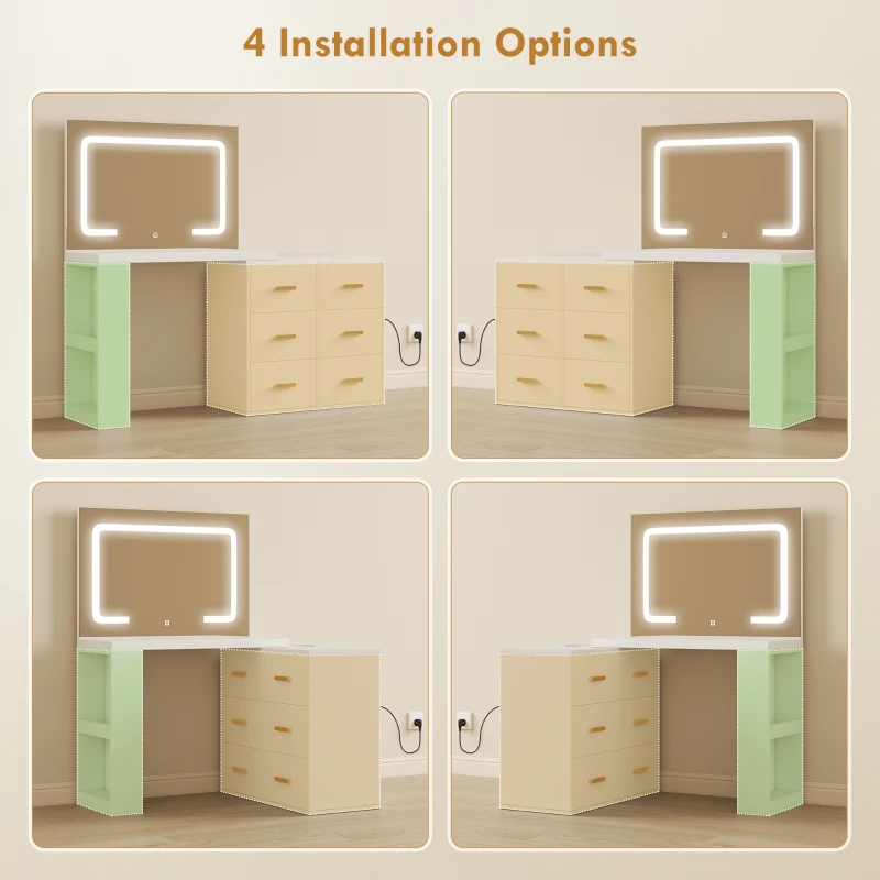 HOMCOM Toaletă pentru Cameră cu Oglindă și Lumini LED Reglabile, 6 Sertare, 2 Rafturi și Prize Electrice, Alb