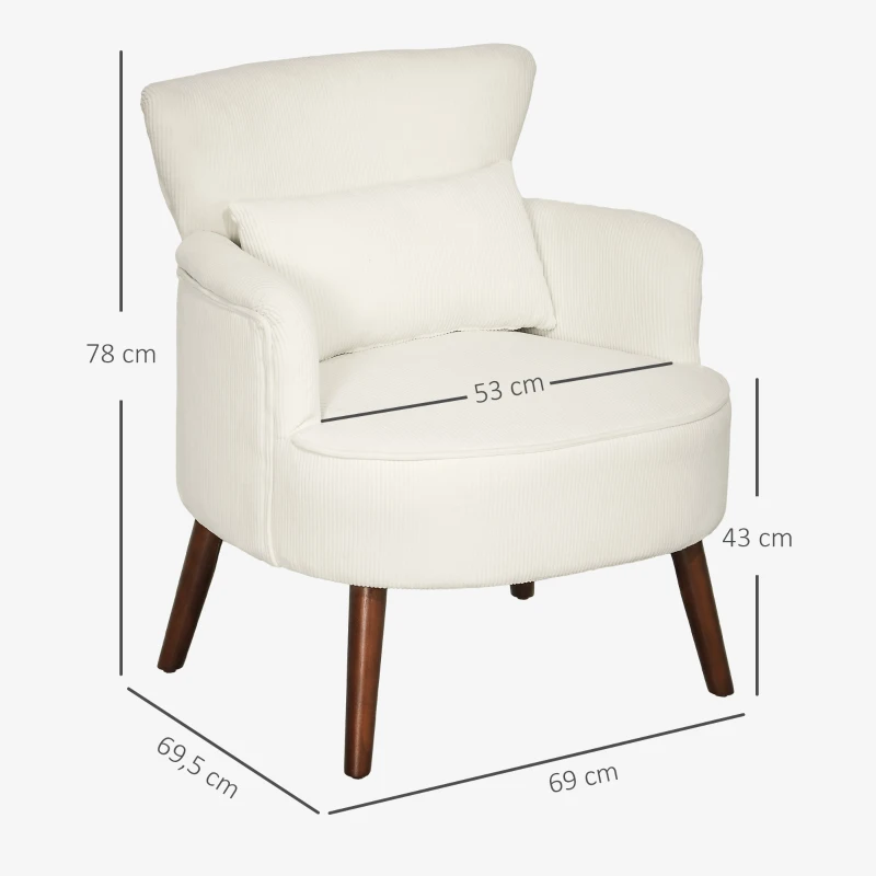 HOMCOM Moderner Armlehnstuhl, Gepolsterter Akzentstuhl mit Lendenkissen, Kautschukholzbeinen, Cremeweiß