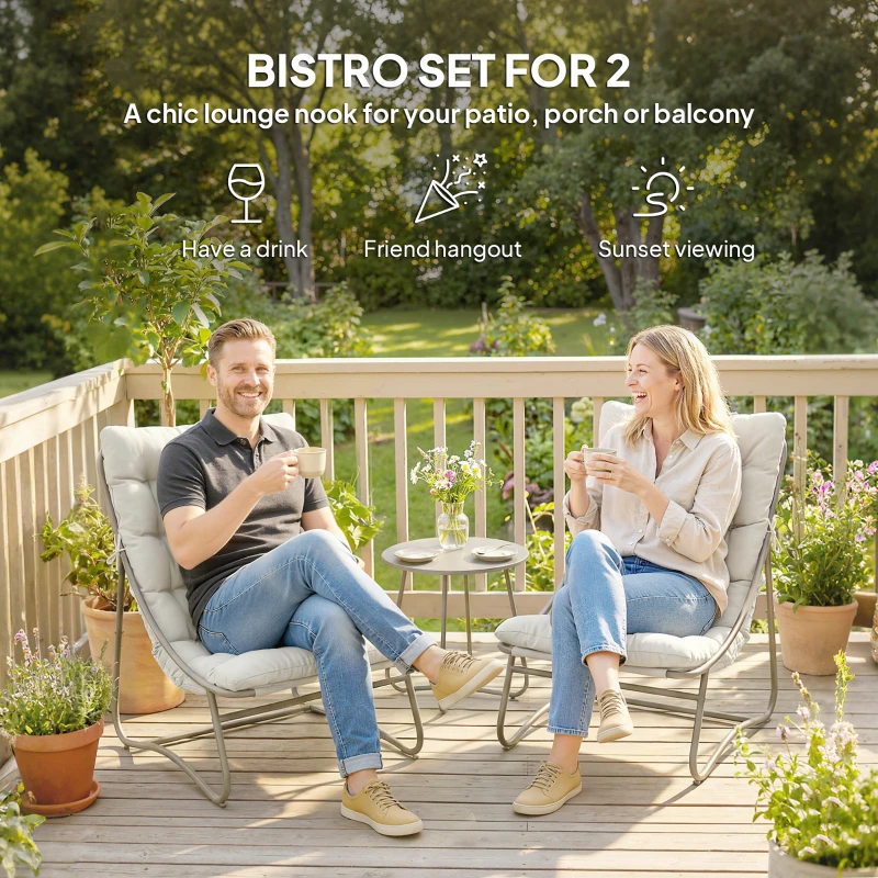 Outsunny 3 Piece Garden Bistro Set, Round Outdoor Bistro Table and Chairs Set for 2 with Texteline Seat and Cushions, Light Grey