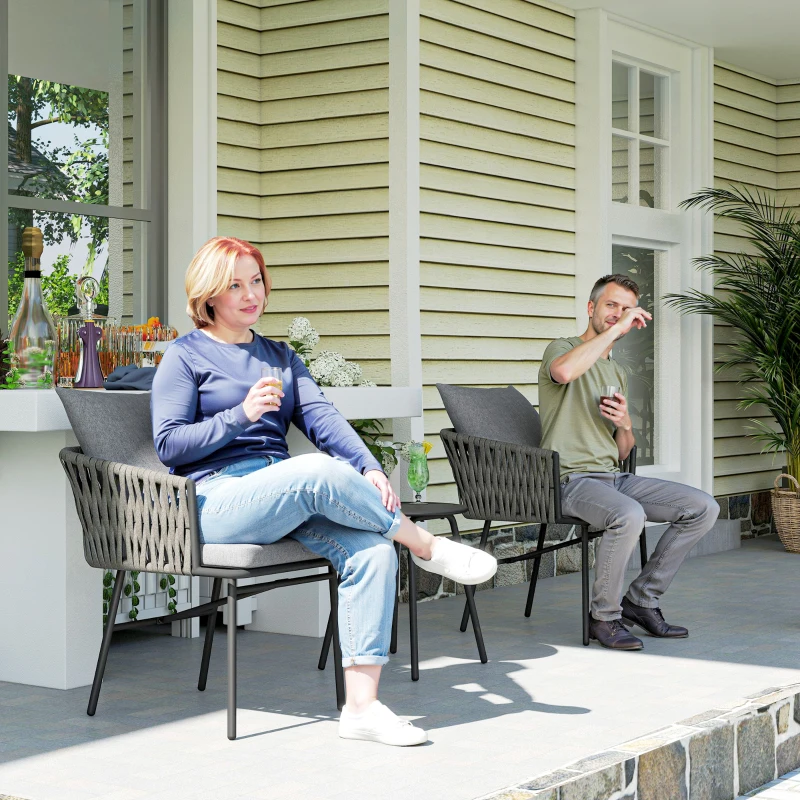 Outsunny 3-teiliges Außenmöbel-Set, 2 Stühle, 1 Tisch, Bistro-Set, Kunst-Rattan, Stahlrahmen, Metalltisch, 4 Kissen, Grau