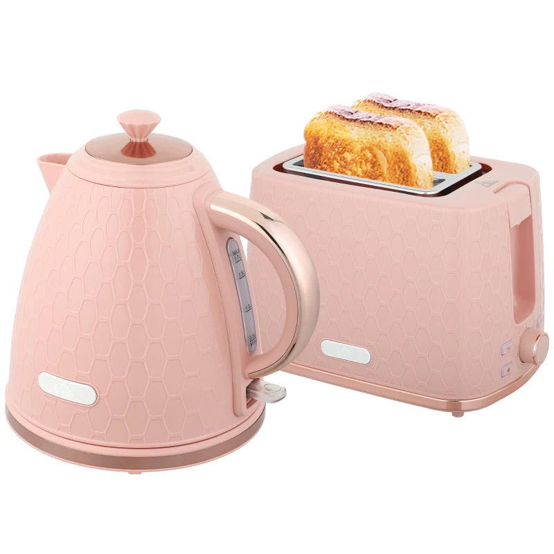 HOMCOM Wasserkocher- und Toaster-Set, 1,7L 2200W Schnellkoch-Wasserkocher mit automatischer Abschaltung und 2-Scheiben-Toaster mit Krümelschublade, Rosa