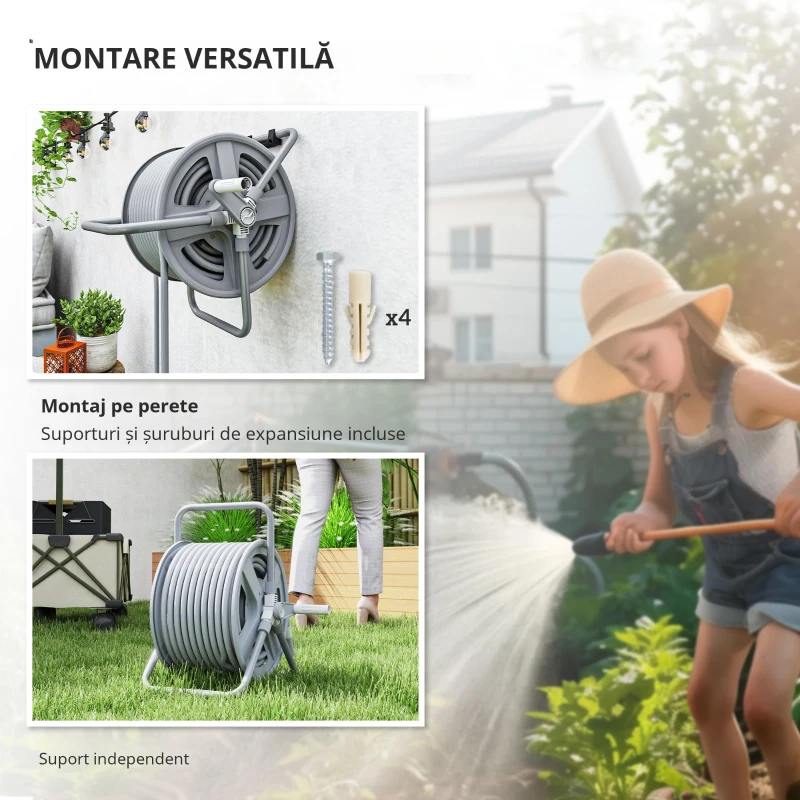 Outsunny Suport pentru Înfășurarea Furtunului de Grădină cu Manivelă, pentru 40m de Furtun, 46x35x46 cm, Gri