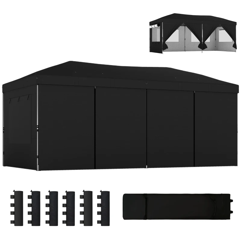 Outsunny 3 x 6 m Pop Up Canopy with UV50+ Protection Garden Gazebo with 6 Sidewalls, Black