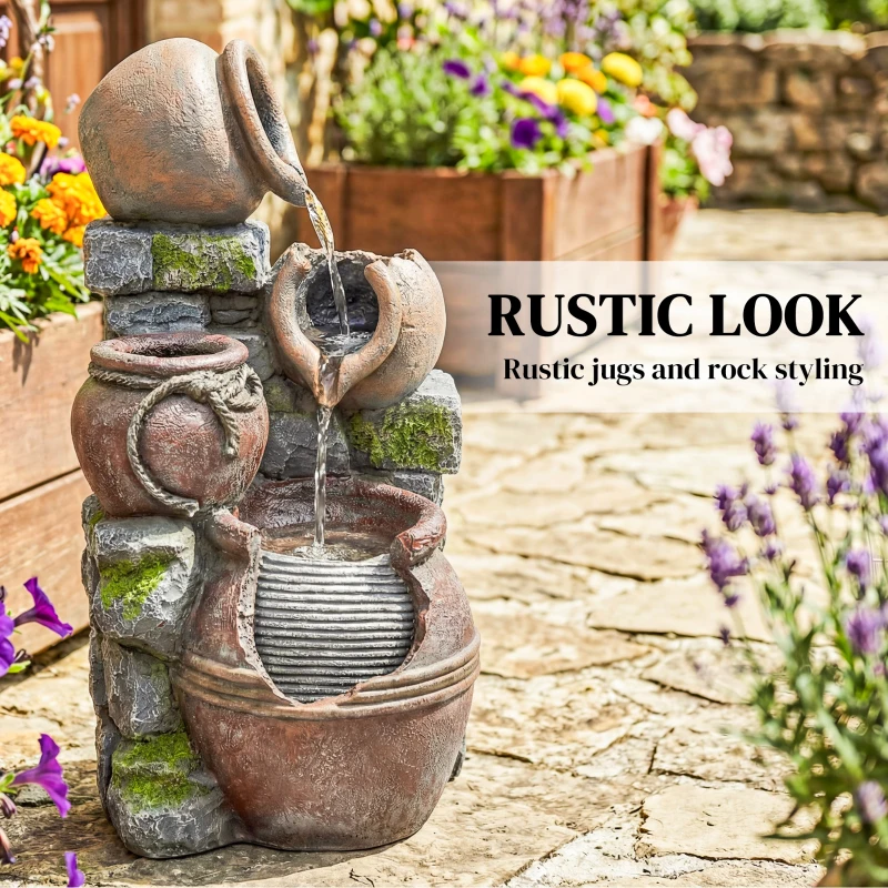 Outsunny Outdoor Fountain with 4-Tier Rustic Pots & Planter, Garden Fountain with LED Lights, Rustic Brown