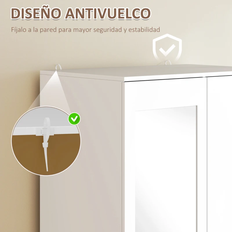 HOMCOM Armario Ropero de 2 Puertas con Espejo 3 Cajones Estantes Ajustables y Barra para Colgar Incluida 80x50x180 cm Blanco