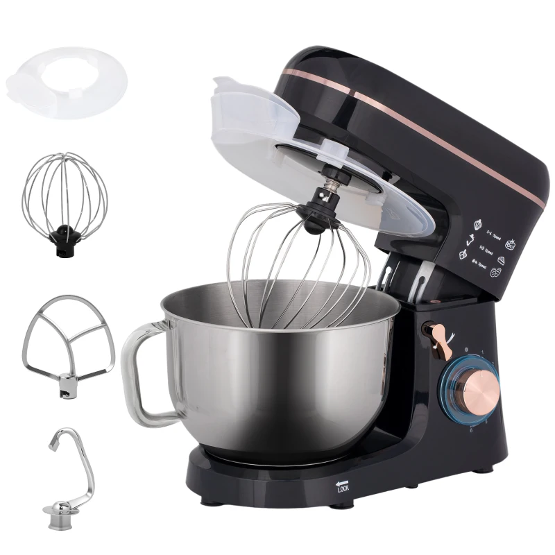 HOMCOM Standmixer, Küchenmaschine, Rührgerät, 6 Stufen, 5,5L Edelstahlschüssel, Schwarz