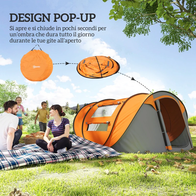 Outsunny Tenda da Campeggio Pop Up 2 Posti con 2 Porte, 4 Finestre e Telo Impermeabile, 263.5x220x123 cm, Arancione