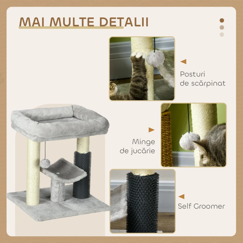 PawHut Copac pentru Zgâriat cu Pătuț, Platformă, Perie și Stâlp din Sisal, 40x40x48 cm, Gri
