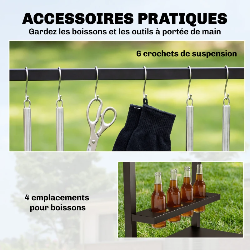 Outsunny Desserte jardin, chariot de barbecue sur roulettes avec porte-boissons et crochets, 97 x 51 x 83 cm, noir et marron