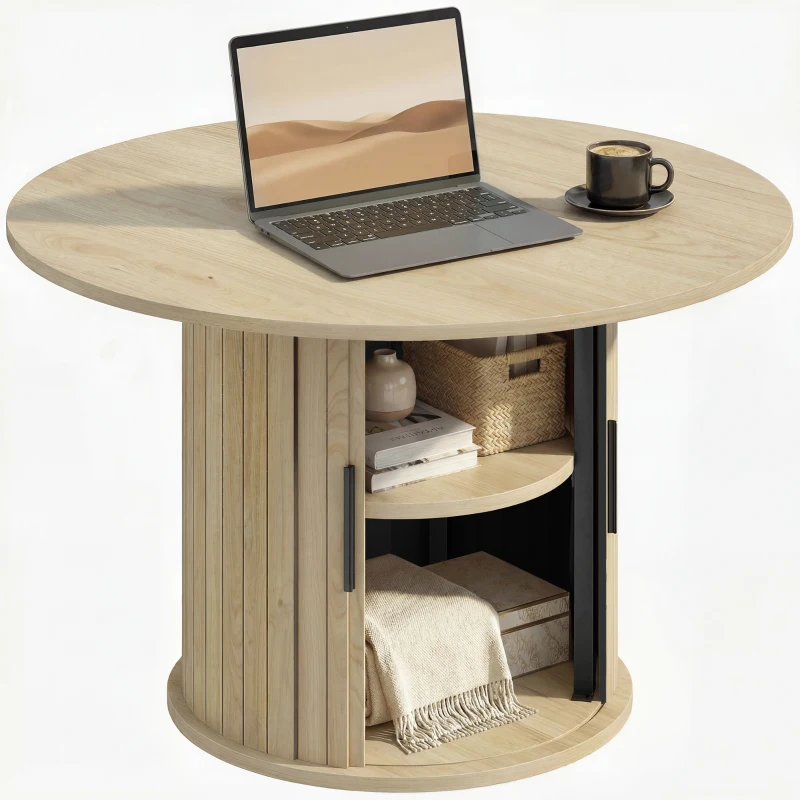 HOMCOM Table basse ronde, table de salon avec rangement, porte coulissante à lattes, 2 étagères, effet bois naturel