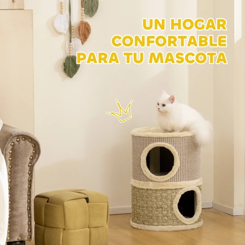PawHut Barril Rascador para Gatos de 2 Niveles Altura 49 cm Tonel de Escalada con Cama Cubierto de Sisal Caqui y Café