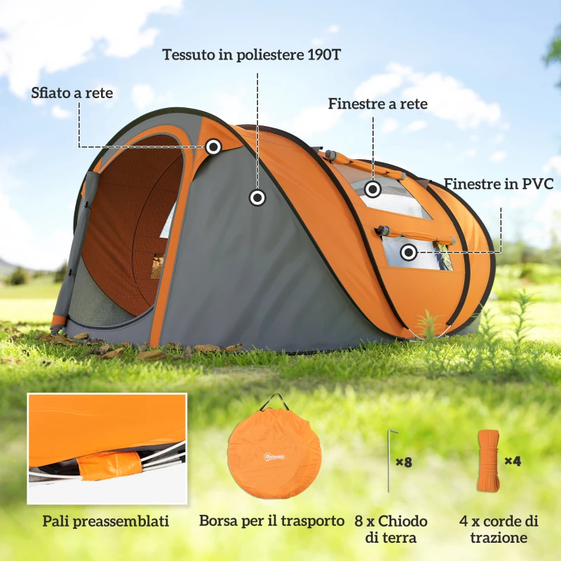 Outsunny Tenda da Campeggio Pop Up 2 Posti con 2 Porte, 4 Finestre e Telo Impermeabile, 263.5x220x123 cm, Arancione