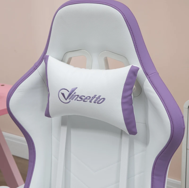 Vinsetto Computer Gaming Chair, PU Leather Office Desk Chair with Footrest, Swivel Wheels, 135° Reclining Back, Lumbar Support, Headrest for Home, White and Purple