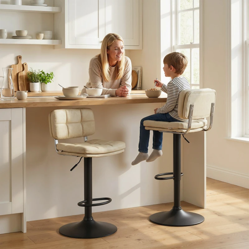 HOMCOM Lot de 2 tabourets de bar Vintage capitonné - pivotant, réglable - repose-pied - revêtement synthétique crème