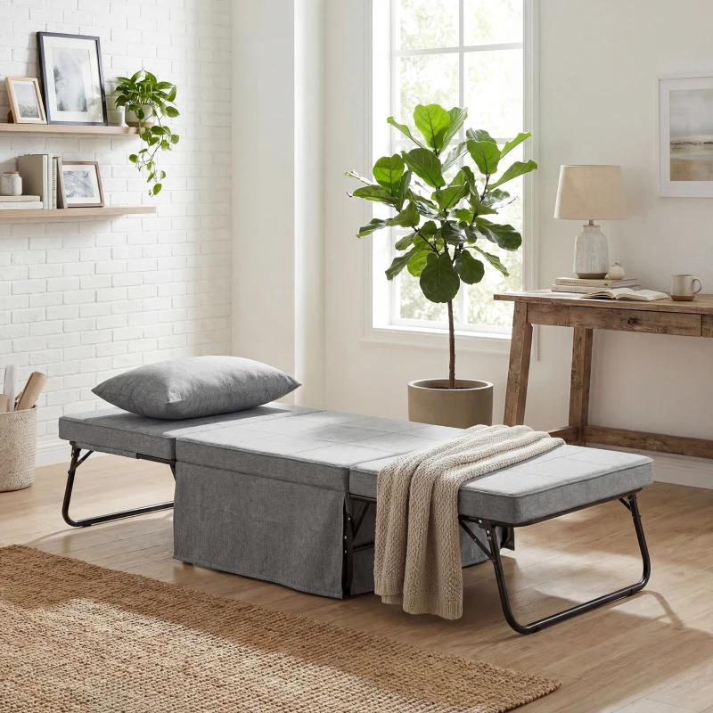 HOMCOM Pouf Letto Pieghevole Multiuso 4 in 1 con Schienale Reclinabile a 5 Livelli, Grigio